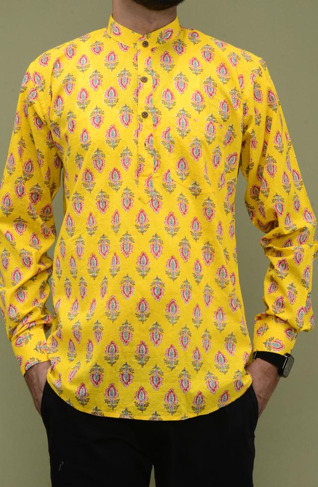 Jaipuri Printed Short Kurta In Yellow Colour
