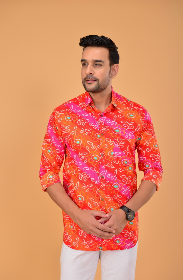 Red Bandhej Printed Jaipuri Shirt