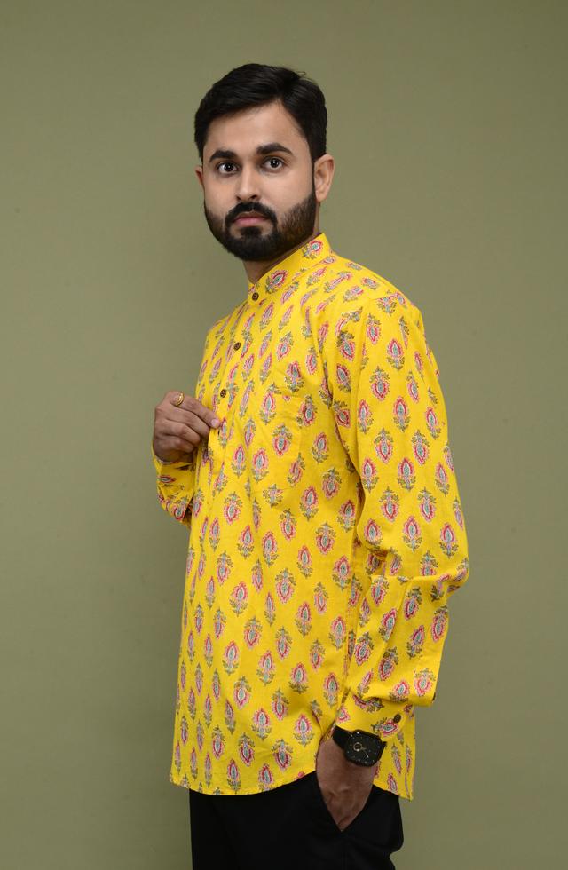 Jaipuri Printed Short Kurta In Yellow Colour