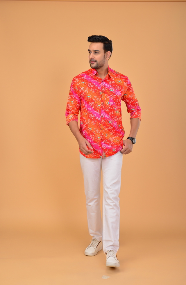Red Bandhej Printed Jaipuri Shirt