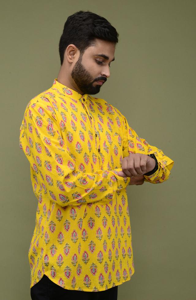 Jaipuri Printed Short Kurta In Yellow Colour