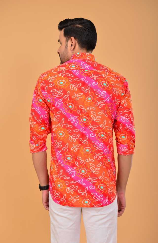 pRed Bandhej Printed Jaipuri Shirt