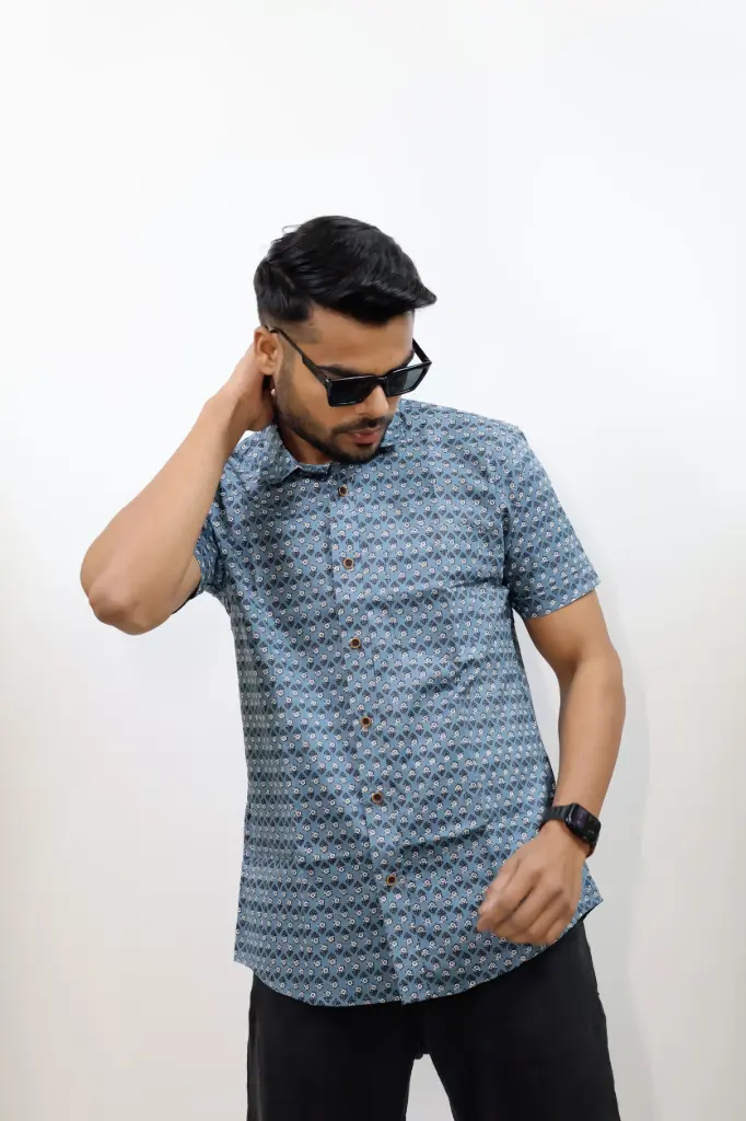 [38HSV0051] Aegean Blue Flower Printed Jaipuri Shirt  (S)