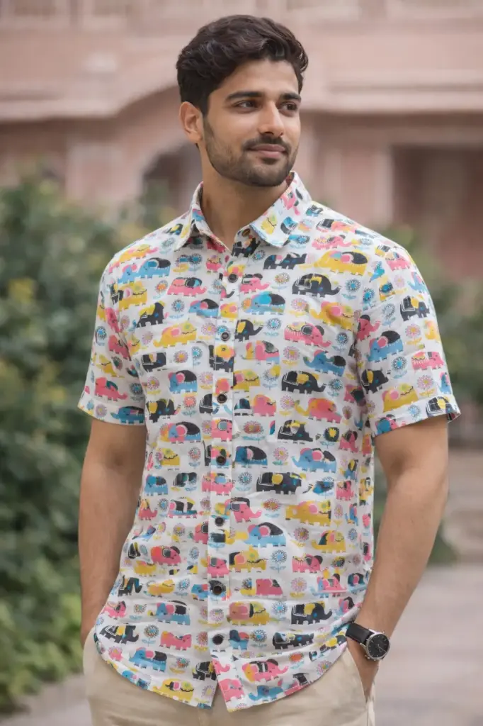 [42HSV0066] Elephant Printed Jaipuri Shirt 