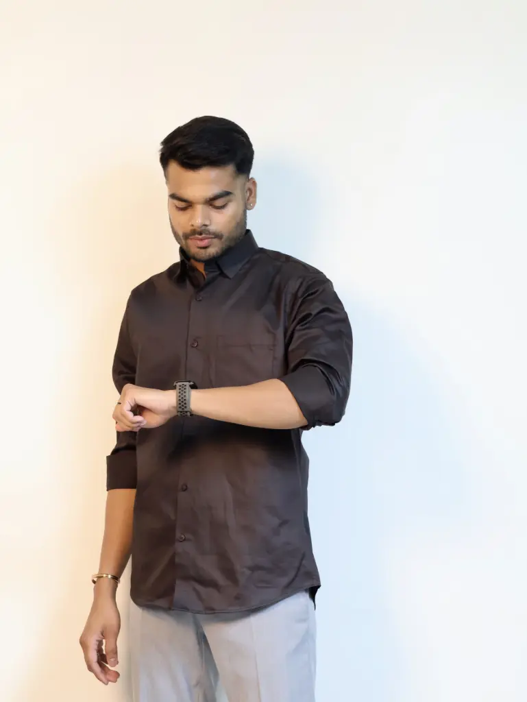 [36VFS0013] Dark Brown Plain Shirt in Giza Cotton (S)