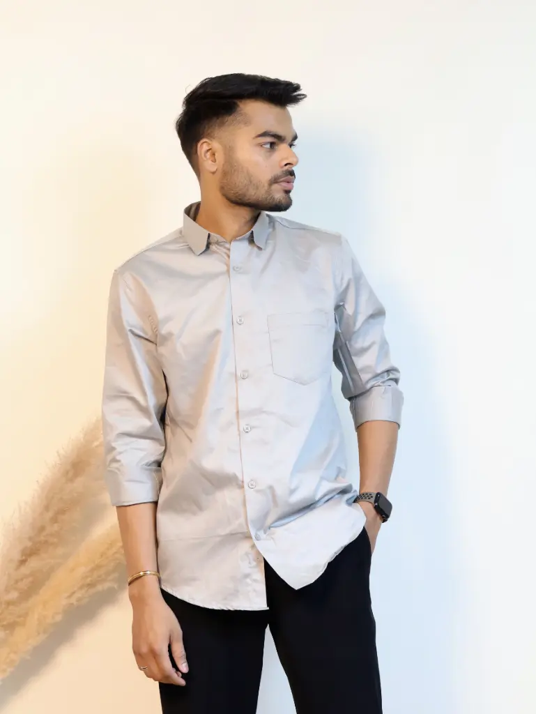 [36VFS0017] Solid Grey Plain Giza Cotton Shirt (S)