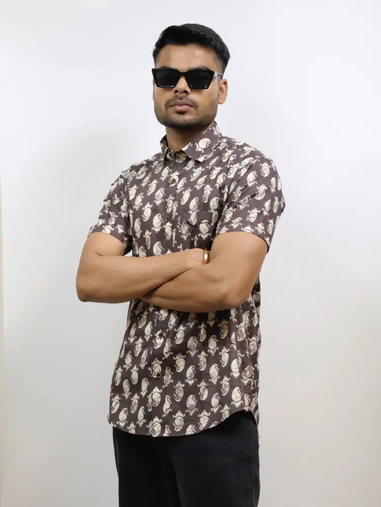 [38HSV0033] Flower Printed Jaipuri Shirt in Coffee (S)