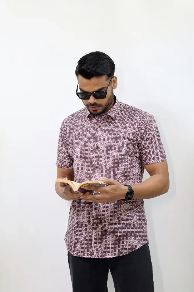 [40HSV0039] Blocks Printed Jaipuri Shirt in Wine (M)