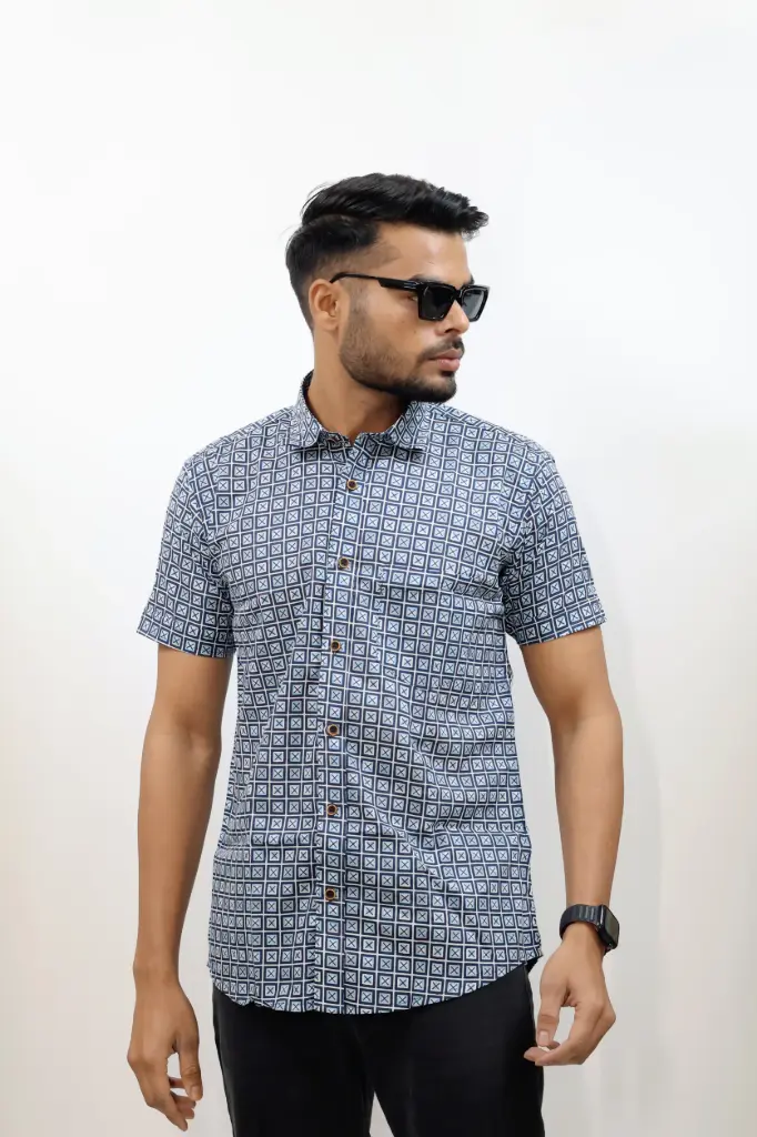 [38HSV0040] Blocks Printed Jaipuri Shirt in Blue (S)