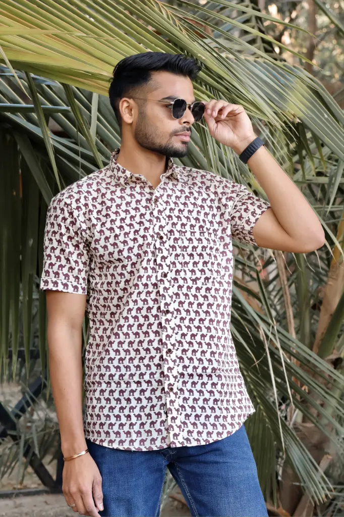 [40HSV0043] Camel Printed Jaipuri Shirt in Cream (40HSV0043) (M)