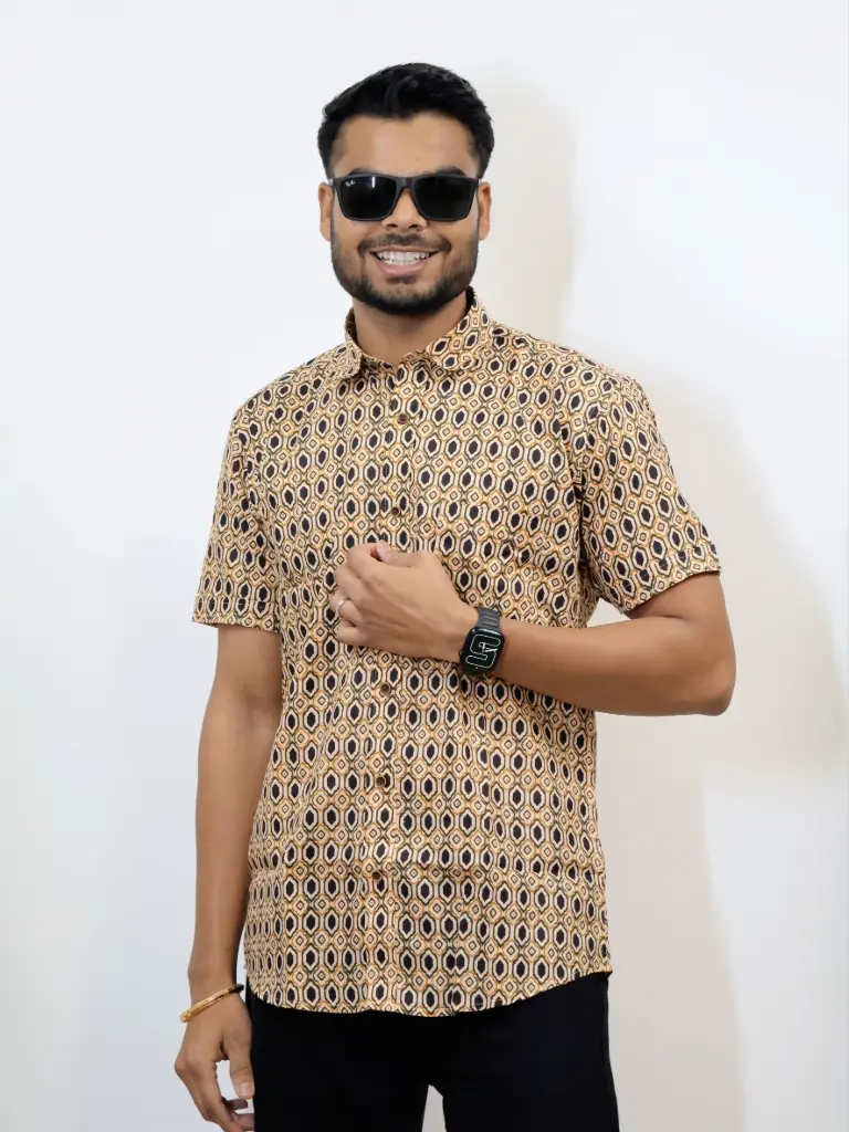 [38HSV0046] Orange Printed Jaipuri Shirt (S)