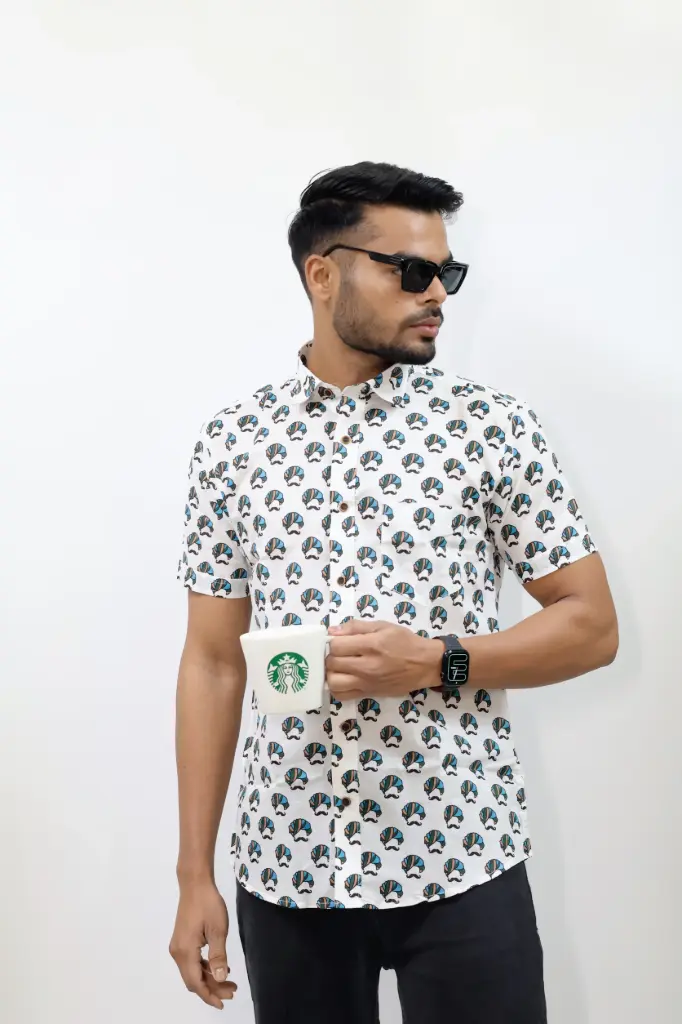 [38HSV0047] Moustache and Turban Printed Jaipuri Shirt (S)