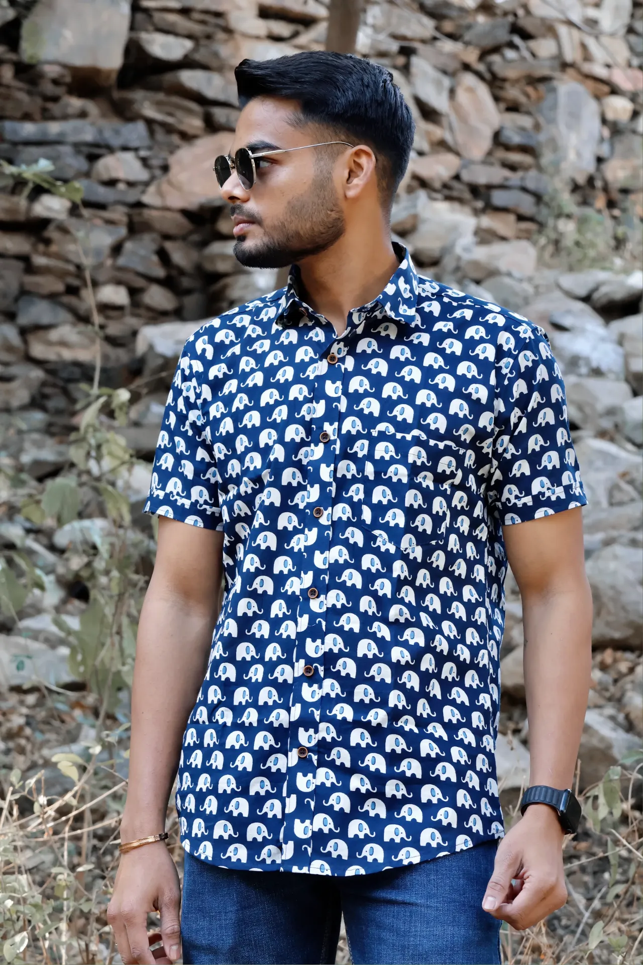 Elephant Printed Jaipuri Shirt in Blue