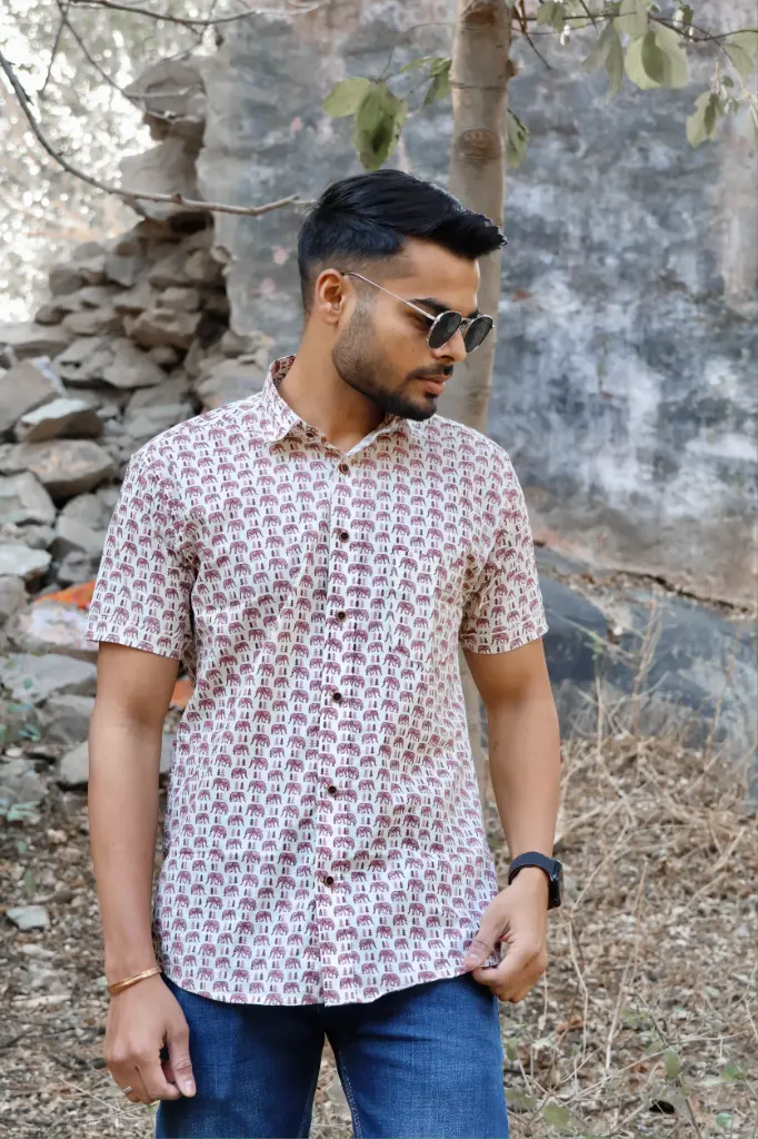 [38HSV0052] Jungle Printed Jaipuri Shirt in Cream (S)