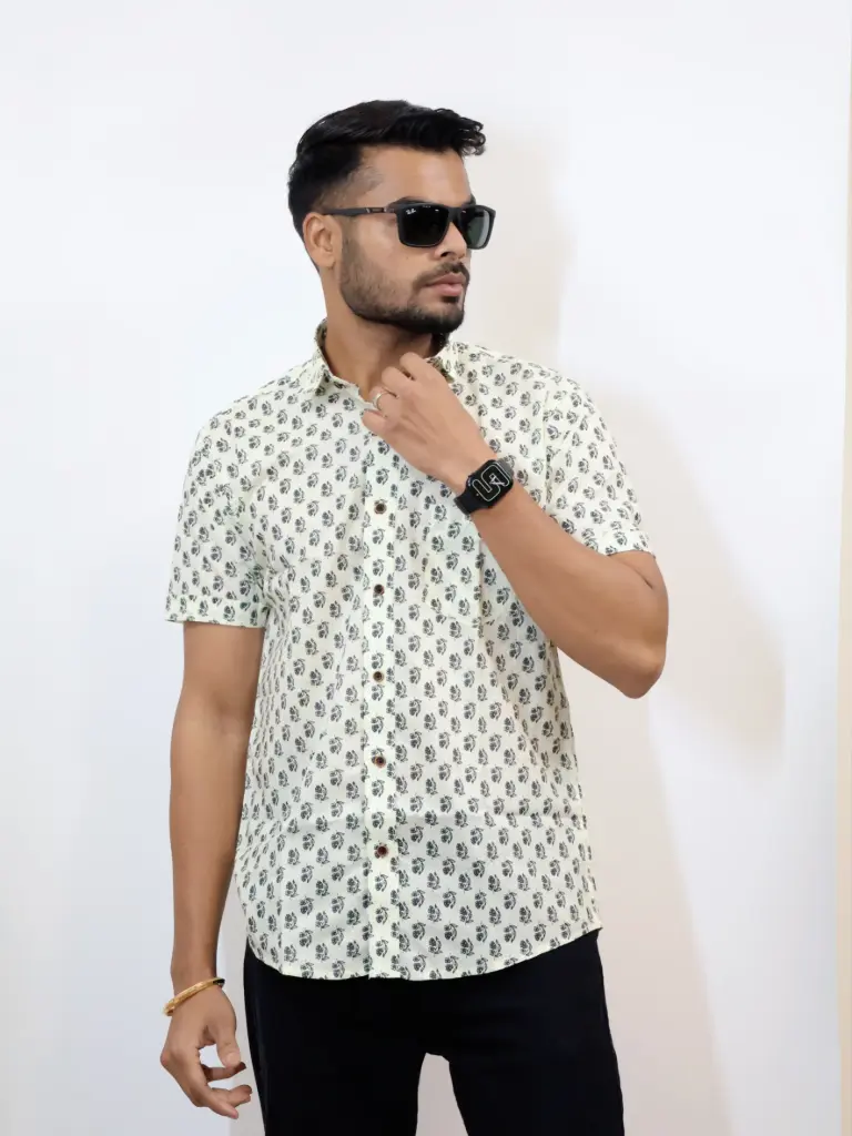 [38HSV0056] Cream Flower Print Jaipuri Shirt  (S)