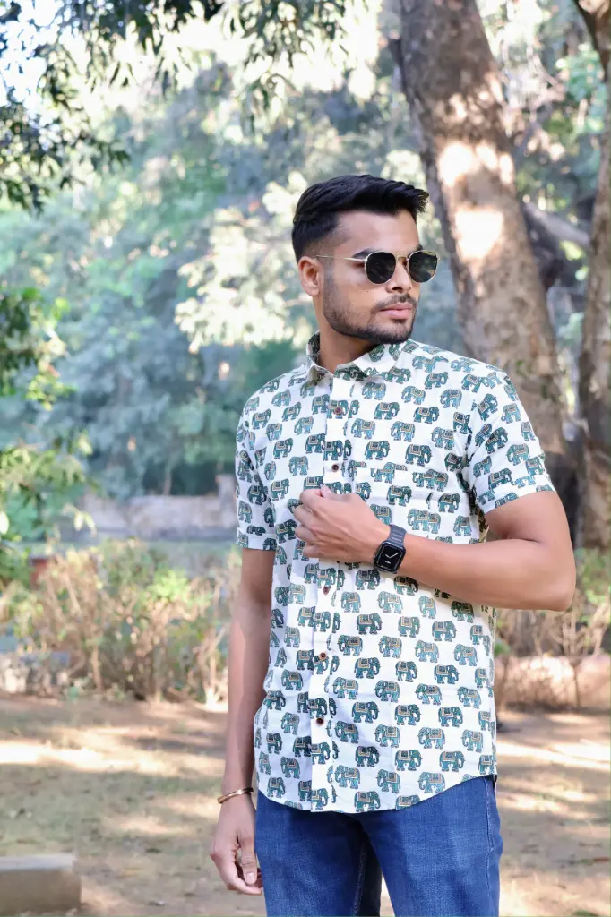 [38HSV0057] Elephant Printed Jaipuri Shirt in Cream  (S)