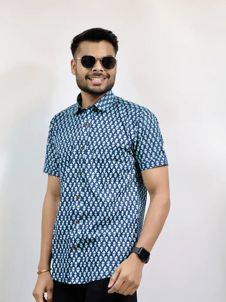 [38HSV0054] Sky Blue Flower Print on Blue Jaipuri Shirt  (S)