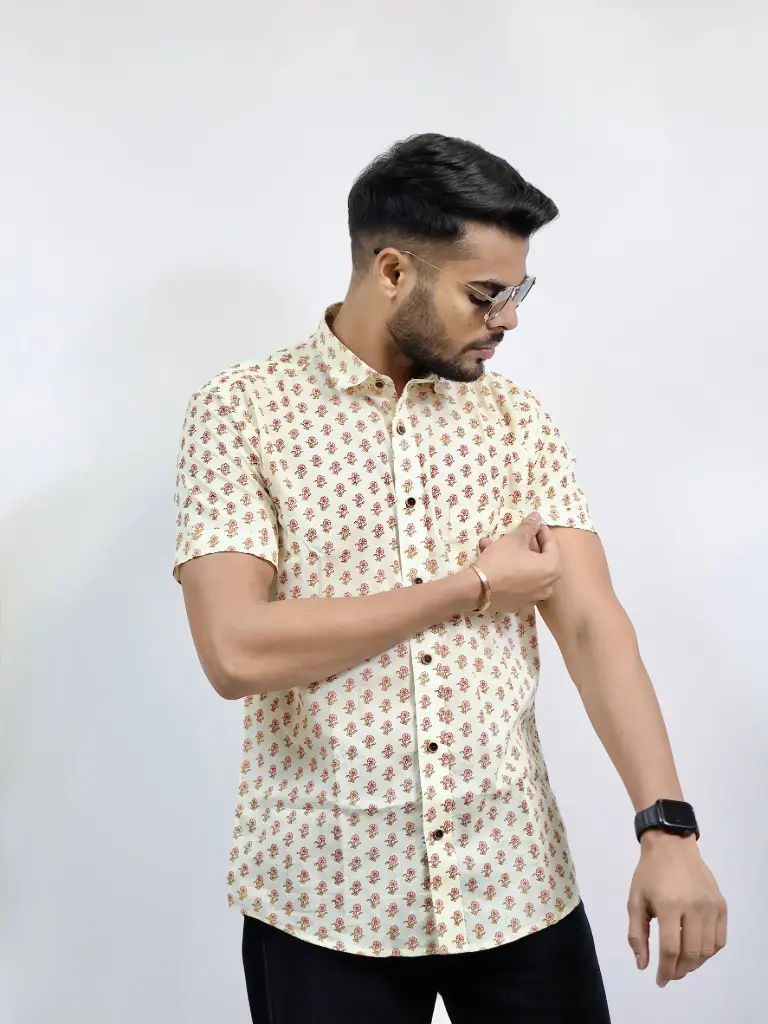 [40HSV0055] Off White Flower Print Jaipuri Shirt  (M)