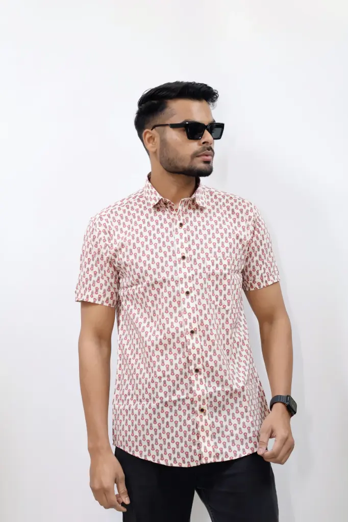 [40HSV0063] Red Flower Printed Jaipuri Shirt in Cream  (M)