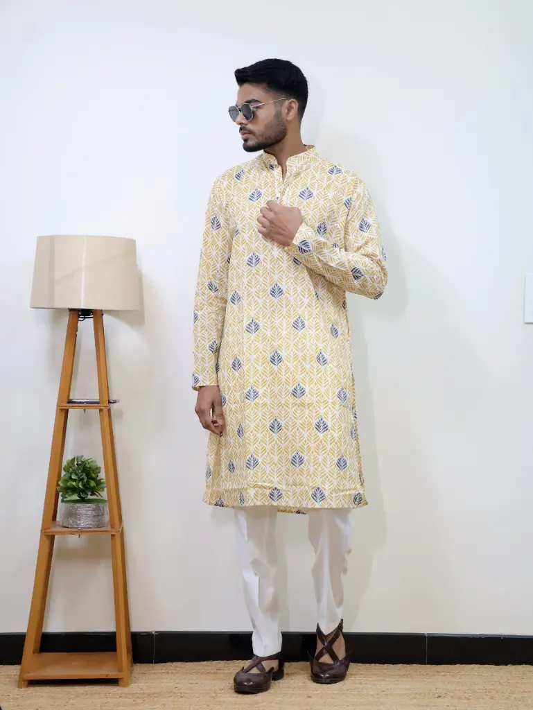 [38LKV0018] Light Yellow Leaf Printed Jaipuri Kurta (S)