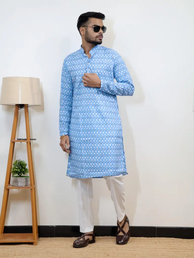 [38LKV0011] Sky Blue Printed Jaipuri Kurta  (S)