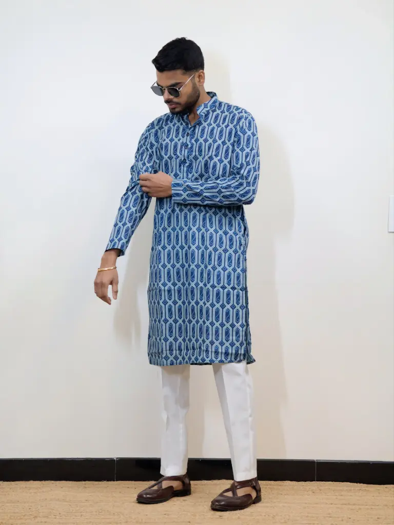 [38LKV0016] Blue Digital Printed Jaipuri Kurta (S)