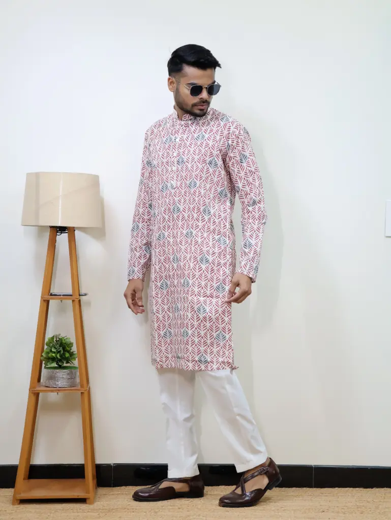 [38LKV0019] Brown Leaf Printed Jaipuri Kurta (S)