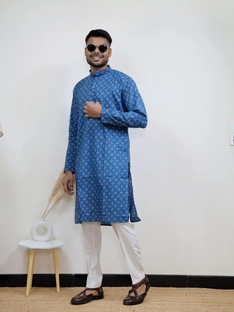 [38LKV0027] Jaipuri Printed Kurta in Yale Blue (S)