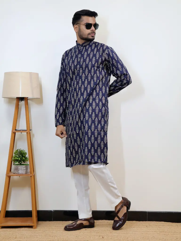 [38LKV0020] Navy Blue Printed Jaipuri Kurta (S)
