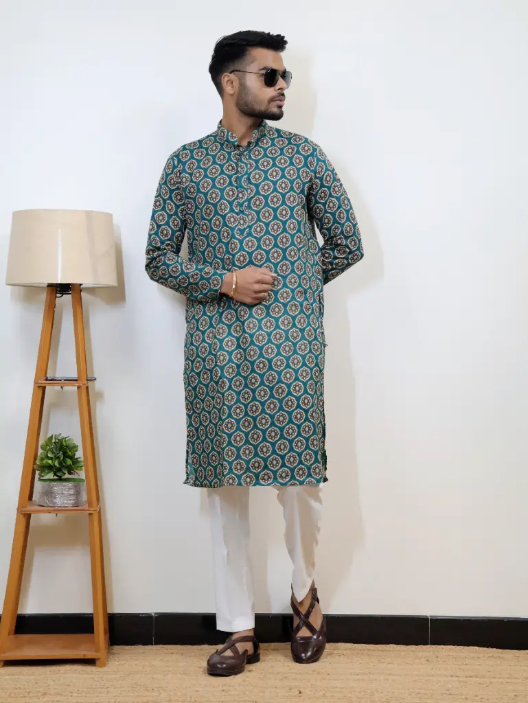 [38LKV0021] Green Printed Jaipuri Kurta (S)