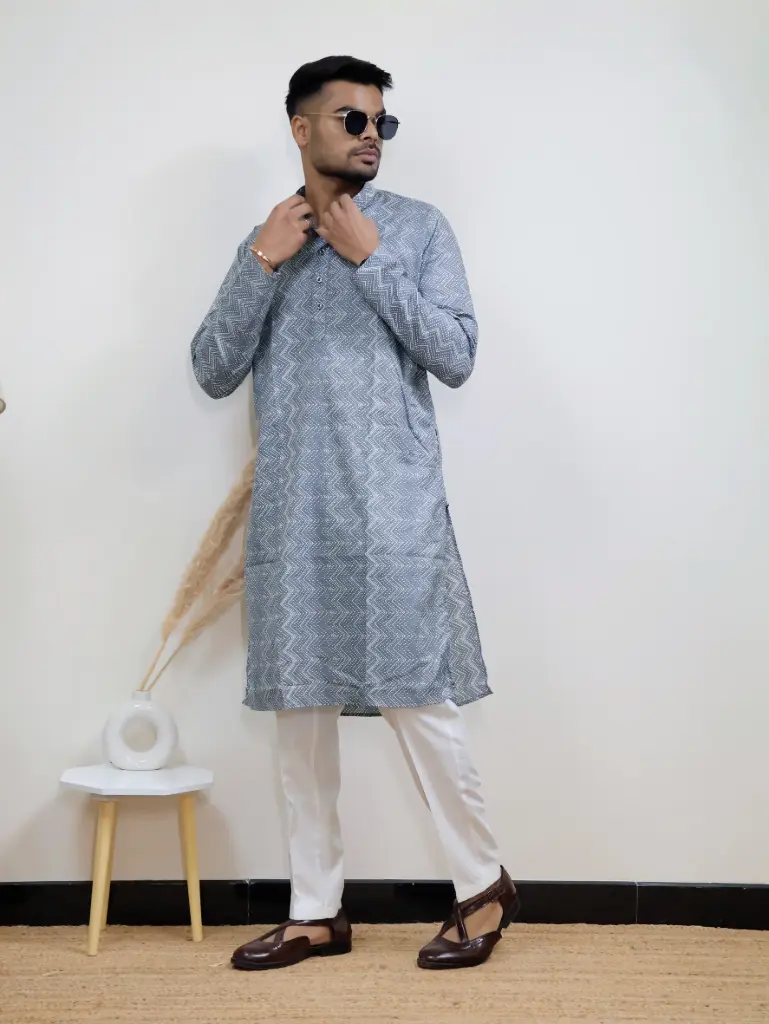 [38LKV0013] Knoxville Grey Lining Print Jaipuri Kurta (S)