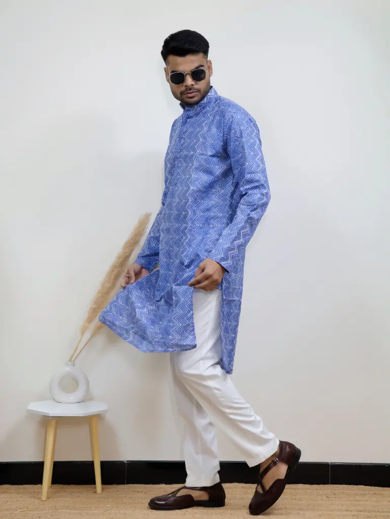 [38LKV0028] Blue Lining Printed Jaipuri Kurta (S)